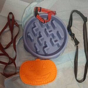 Blue Slow Feeder Dog Bowl with Red and Black Leashes